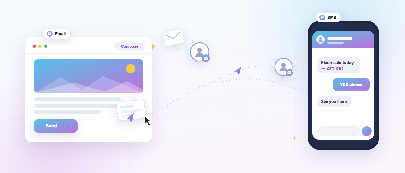 Illustration of an email campaign being built and distributed, alongside an SMS campaign