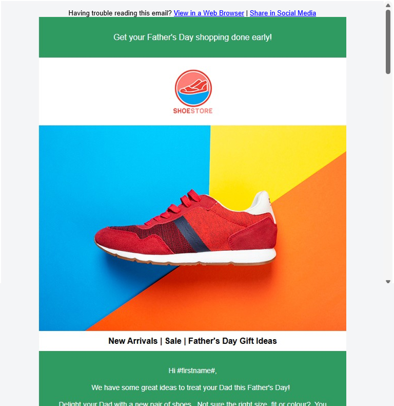 Sample email campaign — Father's Day promotion from a shoe store, built and sent with eNudge