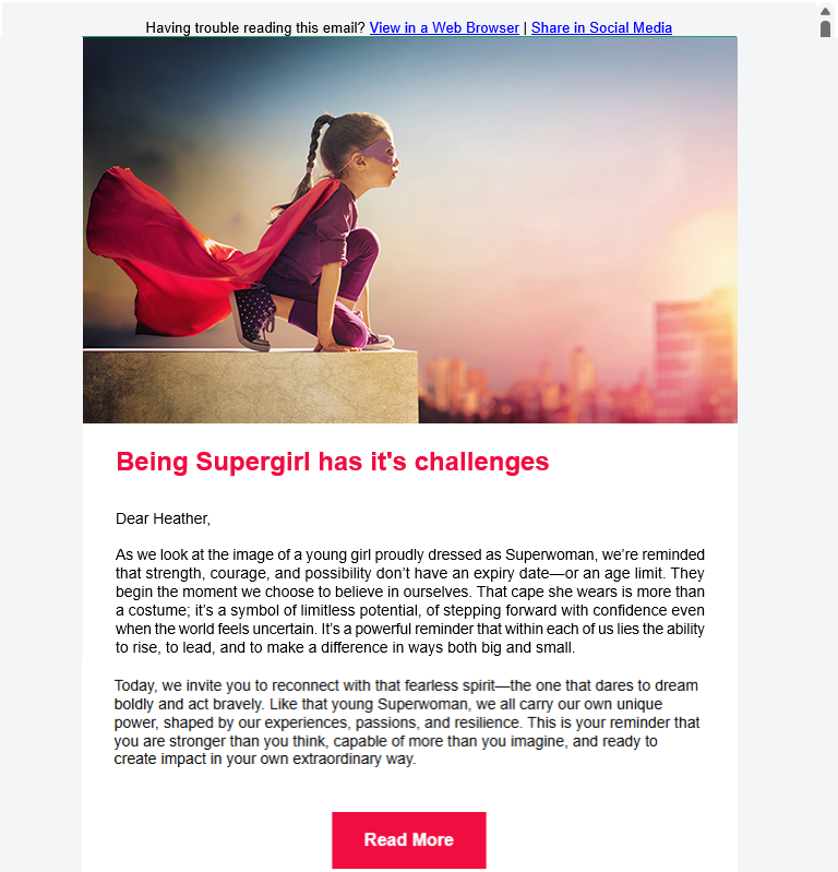 Sample email campaign — 'Being Supergirl has its challenges' inspirational newsletter, built and sent with eNudge
