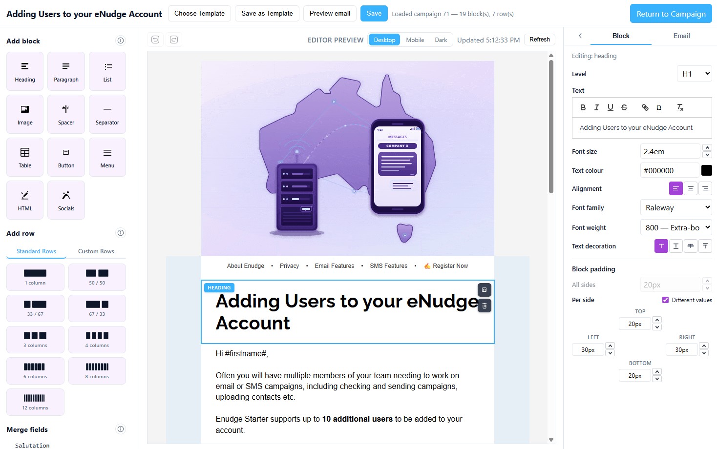 eNudge campaign editor — composing an email with the block panel and editor preview